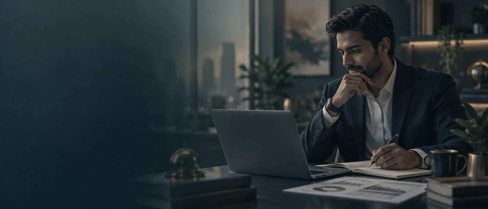Finance professional reviewing work at a laptop