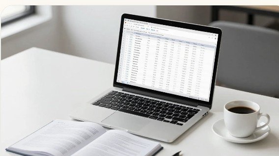 Laptop with a finance spreadsheet and working notes